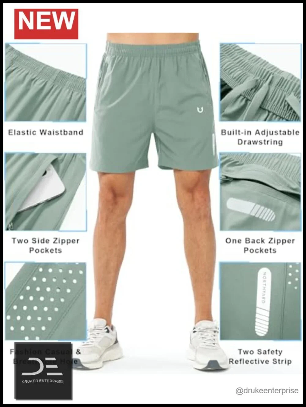 Men's Athletic Running Shorts Gym Workout Quick Dry 3 Zipper Pockets